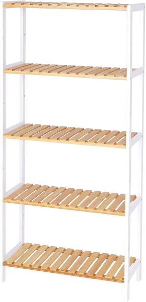 dibea Bambusregal mit 5 verstellbaren Ablageflächen, Schuhschrank, Badezimmerregal, Wohnzimmerregal, Standregal, Badregal, Bücherregal, Küchenregal, zu Regalwand kombinierbar, 60 x 26 x 130 cm (naturfarben / weiß)