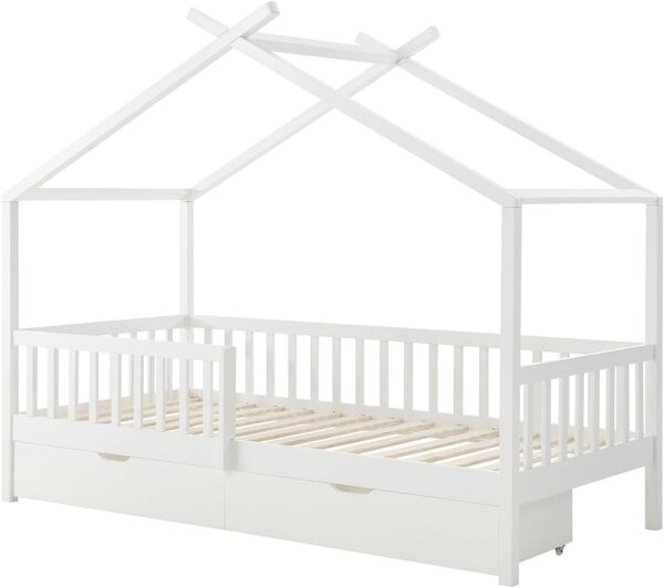 Vente-unique - KIRALIO Bett Holz, Platte Weiß - B 96 cm x H 163,5 cm x L 198 cm
