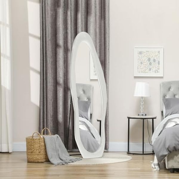 HOMCOM Standspiegel 50 x 160 cm mit samtartiger Rahmenbezug (Wandspiegel, 1-St, Ganzkörperspiegel), für Schlafzimmer, Wohnzimmer, Weiß