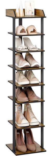 Mondeer Schuhregal Vertikales Schuhregal, 7-stöckiges, Metallgestell, Holz, 28 x 28 x 113 cm, Rustikal Braun