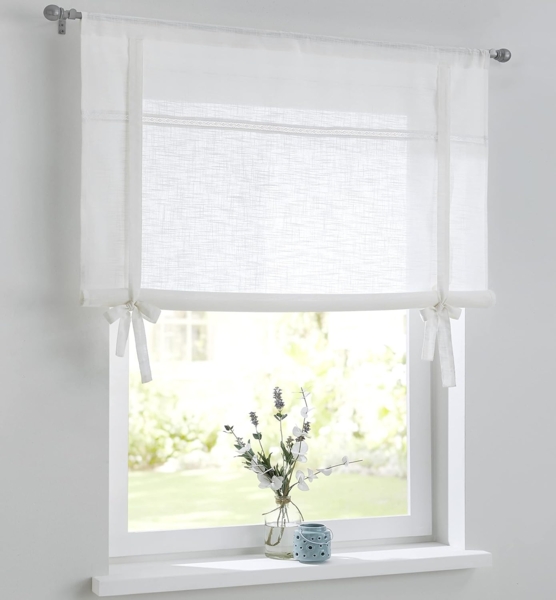 Kutti Bindegardine Vicky (1 St), Stangendurchzug, halbtransparent, Leinenstruktur, Bindegardine Baumwolle, feine Stickerei, Schleifenbänder zum Raffen