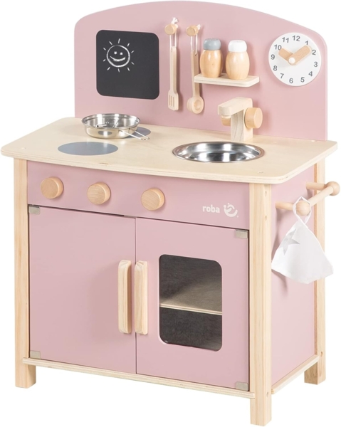 roba Spielküche - Holz - Kinderküche mit Zubehör - 2 Kochstellen, Spüle, Wasserhahn - Natur / Rosa