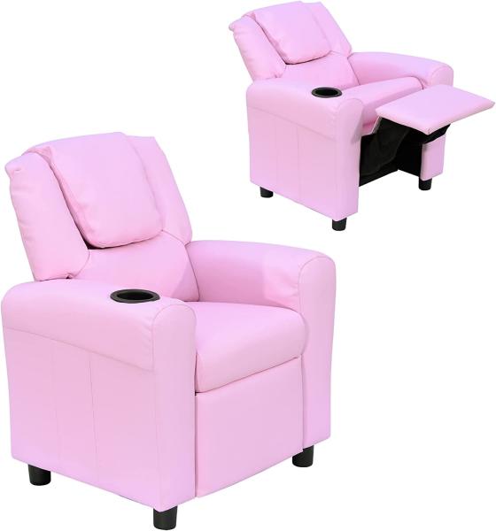 HOMCOM Sessel Kindersessel, Liegefunktion, Eingebauten Becherhalter, Rosa (Set, 1-St, Kindersofa für 3-6 Jahre alt), 62B x 56T x 69H cm