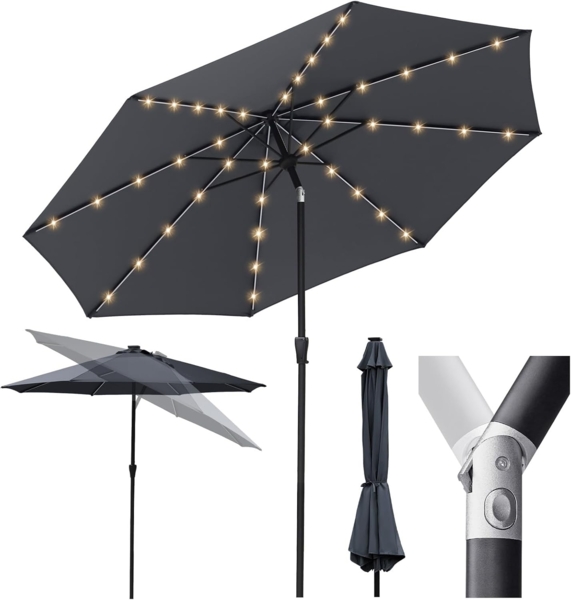 Sekey Solar-LED Sonnenschirm 330cm mit 40 LED, Windfester Gartenschirm UV 50+, Alu-Sonnenschirm mit Kurbel für Terrasse Balkon Garten