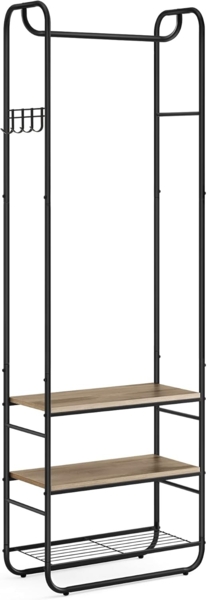 VASAGLE Garderobenständer, Garderobe, Kleiderständer, mit Schuhablage, Schuhregal, Flur, Schlafzimmer, 58 x 28 x 181 cm, skandinavisch, tintenschwarz-kamelbraun HSR081K01