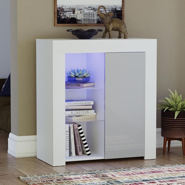 Vida Designs Azura LED Sideboard mit Schublade Aufbewahrung Schrank Ausstellen Möbelstück Hochglanz Modern RGB Beleuchtung Weiß und Grau