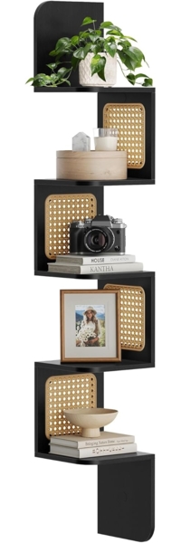 Vasagle Zickzack-Eckregal mit 5 Ebenen, PVC-Rattan-Seitenplatten aschschwarz, 20 x 20 x 126 cm