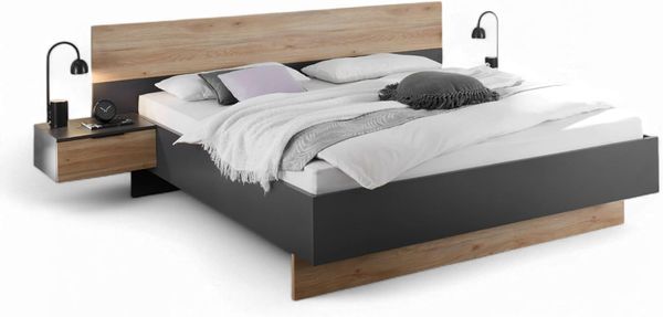 Stella Trading ASKA Stilvolle Doppelbett Bettanlage mit Nachtkommoden 180x200 cm - Schlafzimmer Komplett-Set in Graphit, Mauvella Eiche Optik - 285 x 95 x 205 cm (B/H/T)
