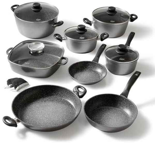 STONELINE Topf-Set, Aluminiumguss (Set, 13-tlg, Bratentopf 24/28, Kochtopf 20, Kasserolle 18, Pfanne 20/24/28/32 cm), Induktion
