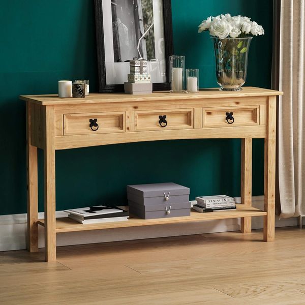 Amazon-Marke – Movian Vida Designs Corona Konsolentisch, 3 Schubladen mit Ablagefach für zusätzlichen Stauraum, massives Kiefernholz, Maße: 124 x 35 x 73 cm (L x B x H)