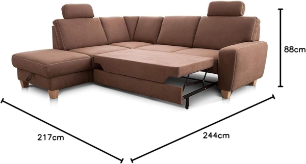 Cavadore Ecksofa Wisconsin mit Bettfunktion / Schlafsofa mit Federkern / Inkl. 2 Kopfstützen + Stauraum / Landhausstil / Holzfüße in Buche / Mikrofaser / 248 x 88 x 215 cm / Braun Bild 9