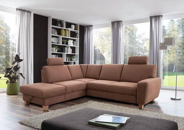 Cavadore Ecksofa Wisconsin mit Bettfunktion / Schlafsofa mit Federkern / Inkl. 2 Kopfstützen + Stauraum / Landhausstil / Holzfüße in Buche / Mikrofaser / 248 x 88 x 215 cm / Braun Bild 2