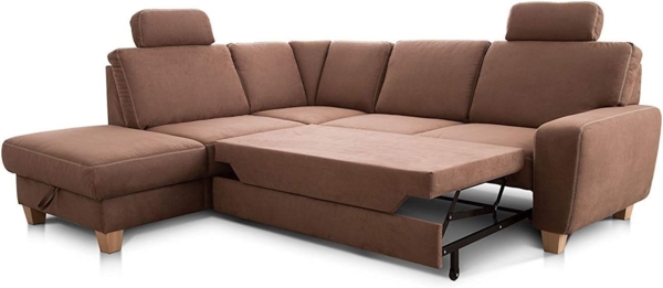 Cavadore Ecksofa Wisconsin mit Bettfunktion / Schlafsofa mit Federkern / Inkl. 2 Kopfstützen + Stauraum / Landhausstil / Holzfüße in Buche / Mikrofaser / 248 x 88 x 215 cm / Braun Bild 4
