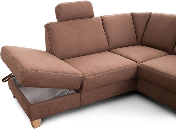Cavadore Ecksofa Wisconsin mit Bettfunktion / Schlafsofa mit Federkern / Inkl. 2 Kopfstützen + Stauraum / Landhausstil / Holzfüße in Buche / Mikrofaser / 248 x 88 x 215 cm / Braun Bild 5
