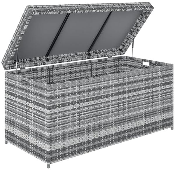 Outsunny Gartenbox mit Deckel, eingebautem Griff, Stauraum, UV-beständig (wetterfest Kissenbox, 1 St, 380L Rattan Auflagenbox), für Garten, Balkon, 130 x 61 x 65 cm, Dunkelgrau