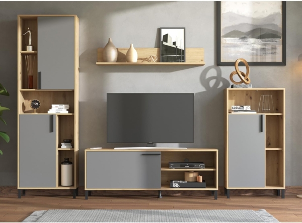 Wohnwand, Anbauwand, Modern Entertainment Center, Wohnzimmer-Set 4 tlg., Eiche, Grau