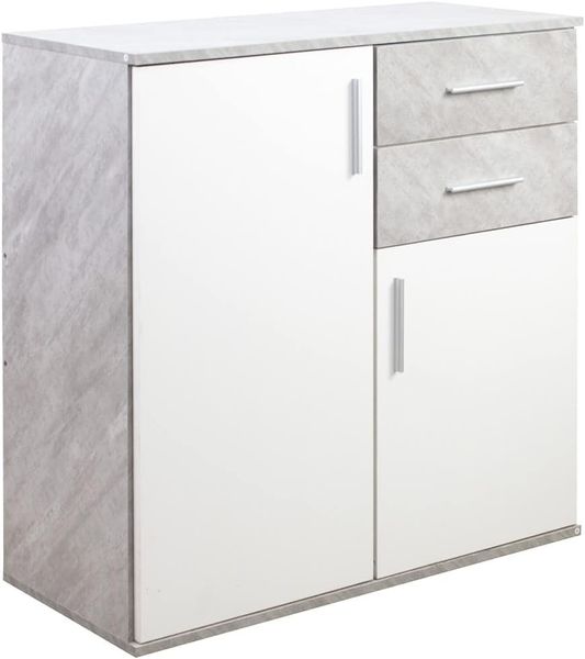 BAKAJI Kommode für Madia, 2 Türen, 2 Etagen, geräumig, minimalistisches Design, Schlafzimmer, Wohnzimmer, Möbel, Büro, robust, vielseitig einsetzbar (Beton und Weiß)