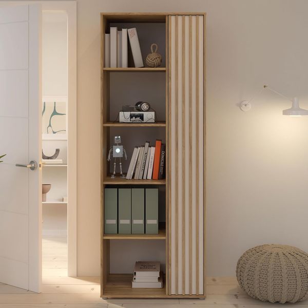 Forte ELISTON Regal 70 80, modernes Bücherregal mit Lamellendesign, 1-türig, 4 Einlegeböden, Wohnzimmer/Büro, Mauvella Eiche Holzdekor|Kashmir Beige, 74 cm breit x 200,1 cm hoch x 54 cm tief