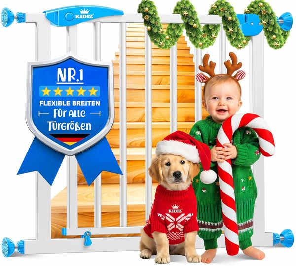 KIDIZ® Türschutzgitter Absperrgitter Treppengitter Kindergitter | Gitter Haustier | ohne Bohren | beidseitig schwenkbar, Farbe: Weiß, Größe: 74-87 cm
