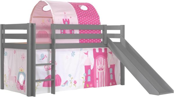 Vipack Spielbett 'Pino' inkl. Rutsche grau, mit Textilset Vorhang und Tunnel 'Princess'