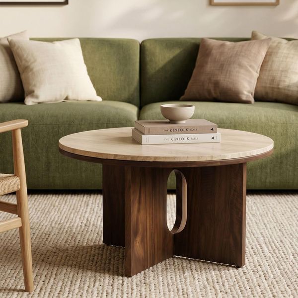 IDIMEX Couchtisch BARDOLI, Beistelltisch rund 70 cm mit Travertinplatte Braun/Beige
