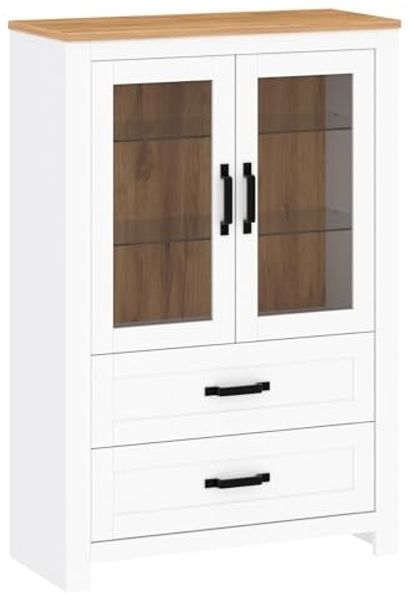 Vitrine Lanzette Highboard 93x40x140cm Alaska weiß matt Wildeiche Gold