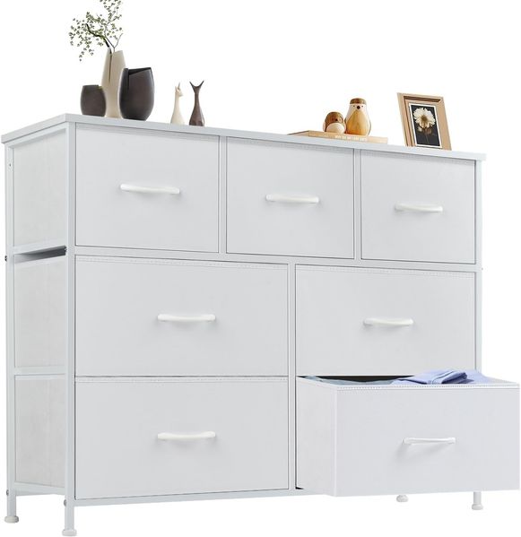 DUMOS Kommode für Schlafzimmer mit 7 Stoffschubladen hohe Kommode Organizer für Kleidung Schrank Kinderzimmer Aufbewahrungsturm mit Schrank Metallrahmen Holzplatte leichte Kinderzimmermöbel
