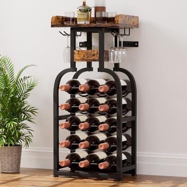 Yorbay Weinregal Vintage Design,Weinständer aus Holz für 15 Flaschen & 6 Gläser, Elegantes Weinregal für Küche, Wohnzimmer oder als Geschenk