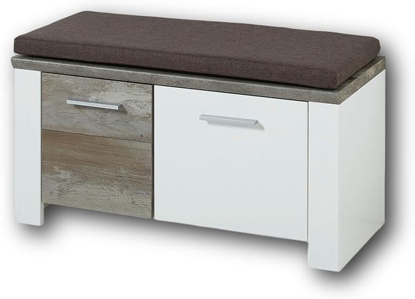Garderobenbank Flurbank MATEO - weiß, Absetzung Driftwood Nachbildung