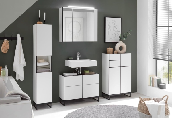 moebel-dich-auf Badmöbel-Set VEGAS, (Set 1, 4-St, Hochschrank, Spiegelschrank, Wbu, Highboard), Weiß matt, Absetzung: Schwarz