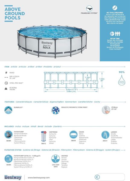 Bestway Steel Pro MAX Frame Pool Komplett-Set mit Filterpumpe Ø 549 x 122 cm, lichtgrau, rund Bild 15