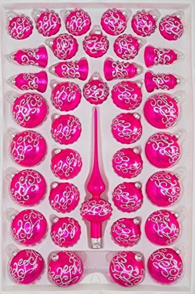 Navidacio Weihnachtsbaumkugel 39 tlg. Glas-Weihnachtskugeln Set "Hochglanz-Pink-Silberne-Ornamente"