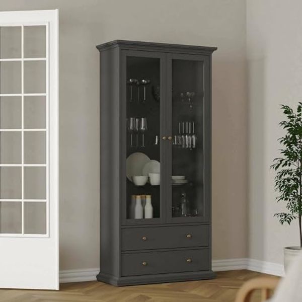 Dmora - Vitrine Gaetane, Glas-Sideboard, Mehrzweckvitrine, Hängendes Bücherregal mit Glastüren, 96x42 h201 cm, Grau