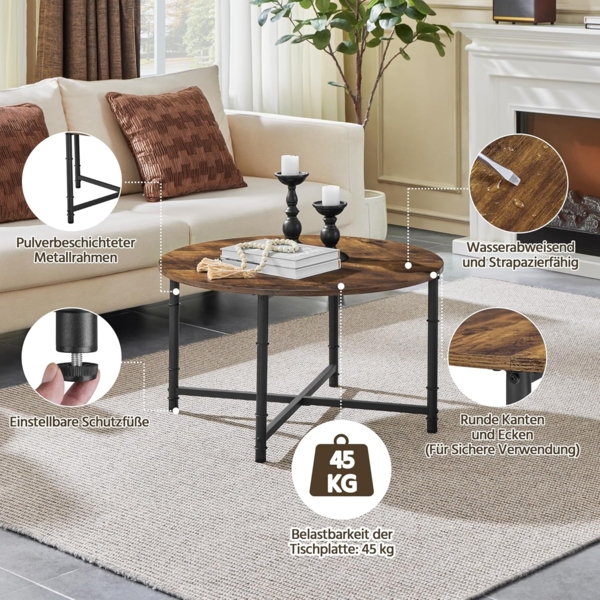 Yaheetech Couchtisch Runder Kaffeetisch mit Einstellbarer Schutzfüße Beistelltisch Sofatisch Wohnzimmertisch im Industriellen Stil Rustikal-Braun Bild 8