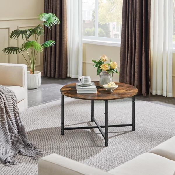 Yaheetech Couchtisch Runder Kaffeetisch mit Einstellbarer Schutzfüße Beistelltisch Sofatisch Wohnzimmertisch im Industriellen Stil Rustikal-Braun Bild 4