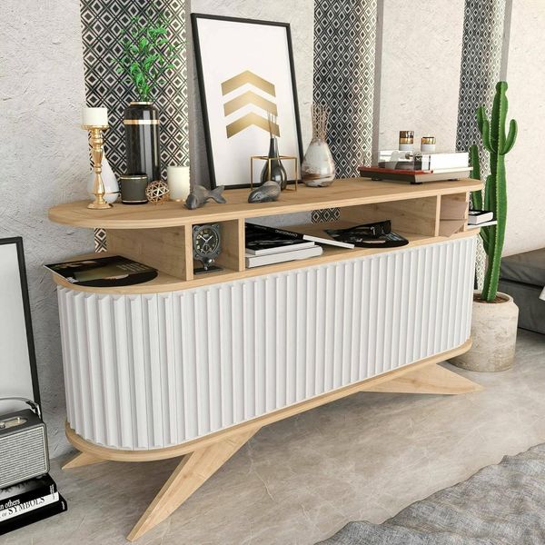 Dmora - Kommode Zaurak, Wohnzimmerbuffet, Wohnzimmer-Sideboard, Moderne Küchen-Speisekammer, 150x43h75 cm, Eiche und Weiß