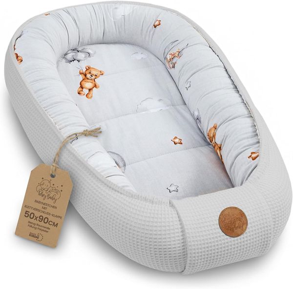 Babynest Neugeborene Nestchen Baby - 90x50 cm Kokon Handmade zweiseitig aus Waffel Piqué Baumwolle Schlummer Teddybären