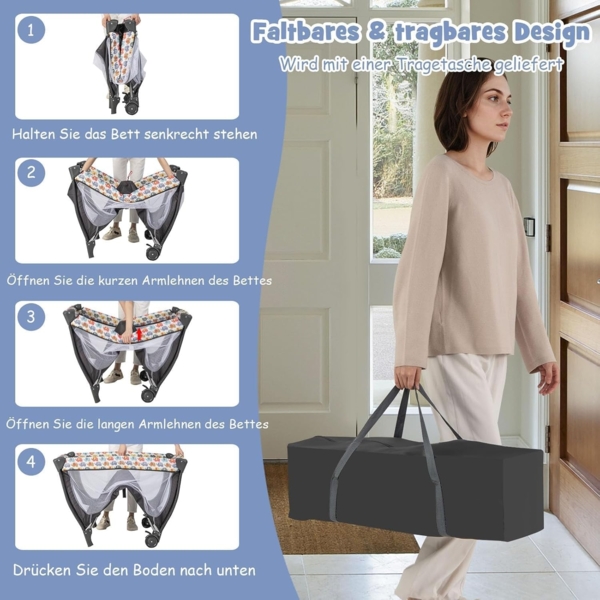 FANTASK 4 in 1 Babybett mit faltbaren Matratze & Wickeltisch & Baldachin, Kinderreisebett mit Rollen, Tragetasche tragbares Beistellbett mit Spielbogen und Spieluhr für Baby bis 36 Monaten Bild 5