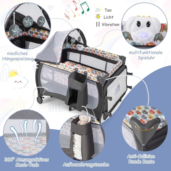 FANTASK 4 in 1 Babybett mit faltbaren Matratze & Wickeltisch & Baldachin, Kinderreisebett mit Rollen, Tragetasche tragbares Beistellbett mit Spielbogen und Spieluhr für Baby bis 36 Monaten Bild 4