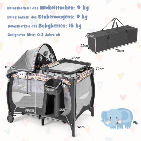 FANTASK 4 in 1 Babybett mit faltbaren Matratze & Wickeltisch & Baldachin, Kinderreisebett mit Rollen, Tragetasche tragbares Beistellbett mit Spielbogen und Spieluhr für Baby bis 36 Monaten Bild 6