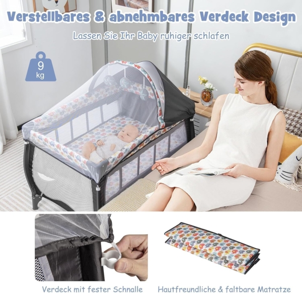 FANTASK 4 in 1 Babybett mit faltbaren Matratze & Wickeltisch & Baldachin, Kinderreisebett mit Rollen, Tragetasche tragbares Beistellbett mit Spielbogen und Spieluhr für Baby bis 36 Monaten Bild 2