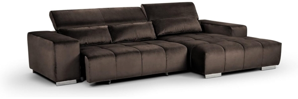 Mivano Ecksofa Orion / Große Eckcouch mit XL-Recamiere inkl. Relaxfunktion, Kopfteilfunktion und Kissen / 307 x 73 x 186 / Velours, Braun Bild 4