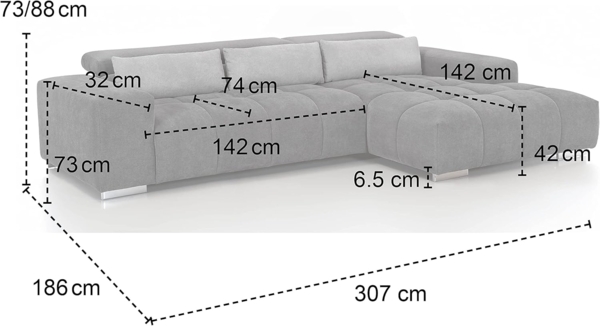 Mivano Ecksofa Orion / Große Eckcouch mit XL-Recamiere inkl. Relaxfunktion, Kopfteilfunktion und Kissen / 307 x 73 x 186 / Velours, Braun Bild 3