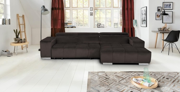 Mivano Ecksofa Orion / Große Eckcouch mit XL-Recamiere inkl. Relaxfunktion, Kopfteilfunktion und Kissen / 307 x 73 x 186 / Velours, Braun Bild 2