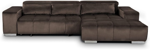 Mivano Ecksofa Orion / Große Eckcouch mit XL-Recamiere inkl. Relaxfunktion, Kopfteilfunktion und Kissen / 307 x 73 x 186 / Velours, Braun Bild 5