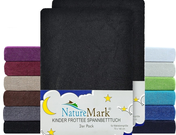 NatureMark Spannbettlaken Frottee Spannbettlaken, 80% Baumwolle / 20% Polyester, Gummizug: rundum, (2 Stück), 2er Set Kinder Spannbettlaken Frottee, Spannbetttuch 80% Baumwolle / 20% Polyester, für Babybett und Kinderbett, 70x140 cm - Schwarz