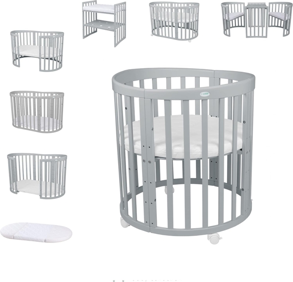 Waldin Oval Babybett Mitwachsend Komplett Set 7in1 - Grau Baby Gitterbett mit Matratze - Babybetten mit Wickelkommode - Baby Bett mit Rollen - Mitwachsendes Kinderbett - Baby Bed - Beistellbett Holz