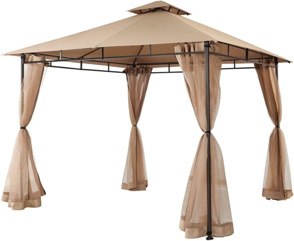 Sekey Pavillon 3x3 Wasserdicht Stabil Winterfest mit 4 Moskitonetz, Hinterhof-Gazebo für Garten Hof Terrasse, Partyzelt Gartenzelt fürFestival, Events, Partys, Picknick, Khaki Bild 1