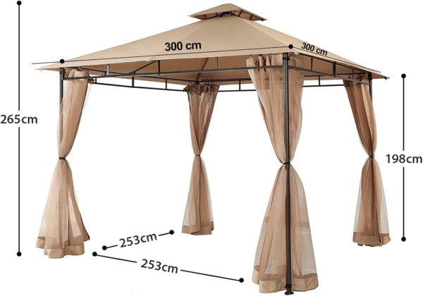 Sekey Pavillon 3x3 Wasserdicht Stabil Winterfest mit 4 Moskitonetz, Hinterhof-Gazebo für Garten Hof Terrasse, Partyzelt Gartenzelt fürFestival, Events, Partys, Picknick, Khaki Bild 4