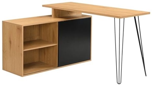 Schreibtisch MDF 130cm Eiche Dekor Schwarz L Form mit Regal - Design Eckschreibtisch mit Schrank - Computertisch Holzoptik - Schreibtischkombination Schiebetür Stauraum Hairpin Homeoffice